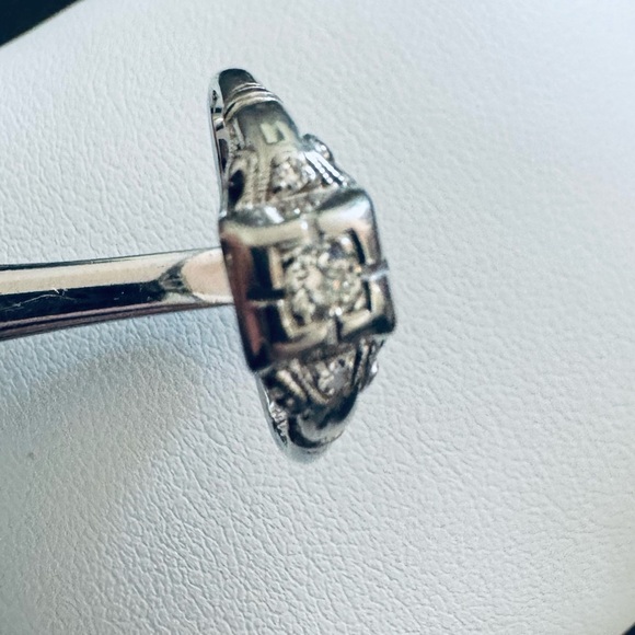 Vintage 14K White Gold Art Deco Diamond Ring Square Bezel size 6.5 - Picture 2 of 4